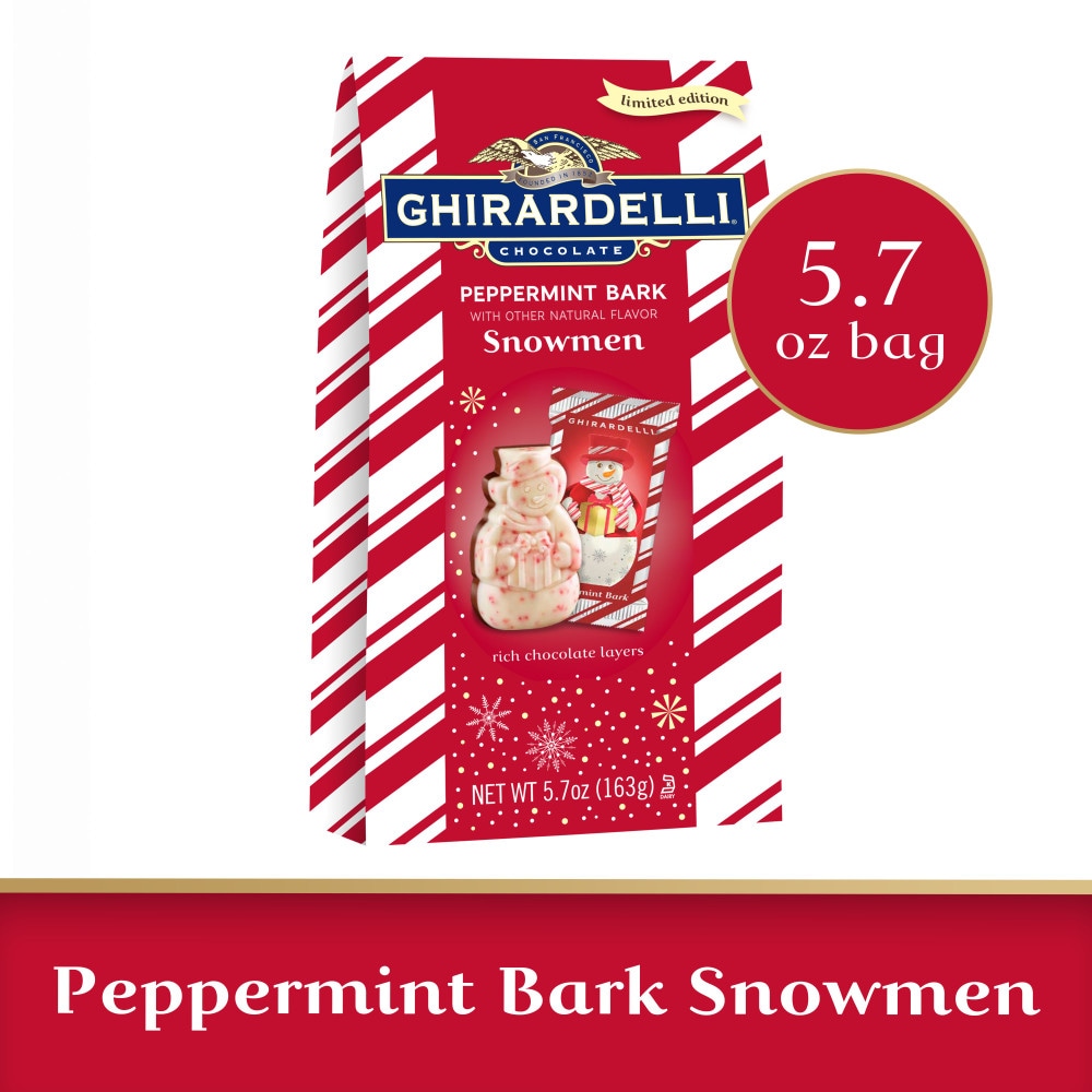 Photo of Ghirardelli Peppermint Bark Chocolate Snowman Holiday Candy Bag