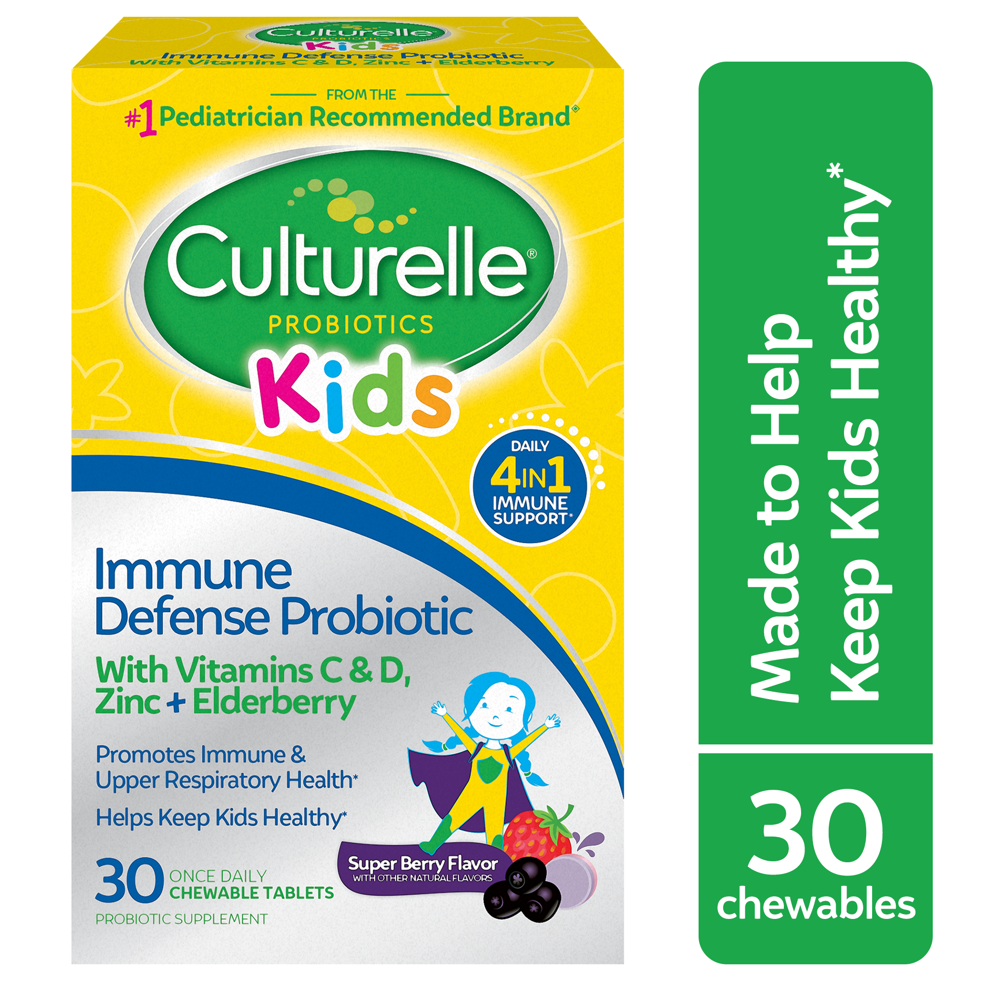 Culturelle - Probiotic - Kids Immune Defense +Elderberry Vitamin C & Zinc Chewables Tablets 30 Ct
