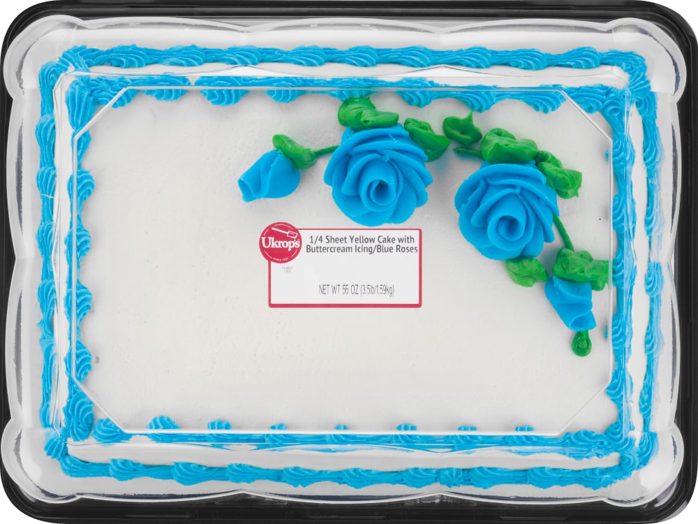 1/4 Sheet Yellow Cake with Buttercream Icing/Blue Roses, Buttercream Icing/Blue Roses