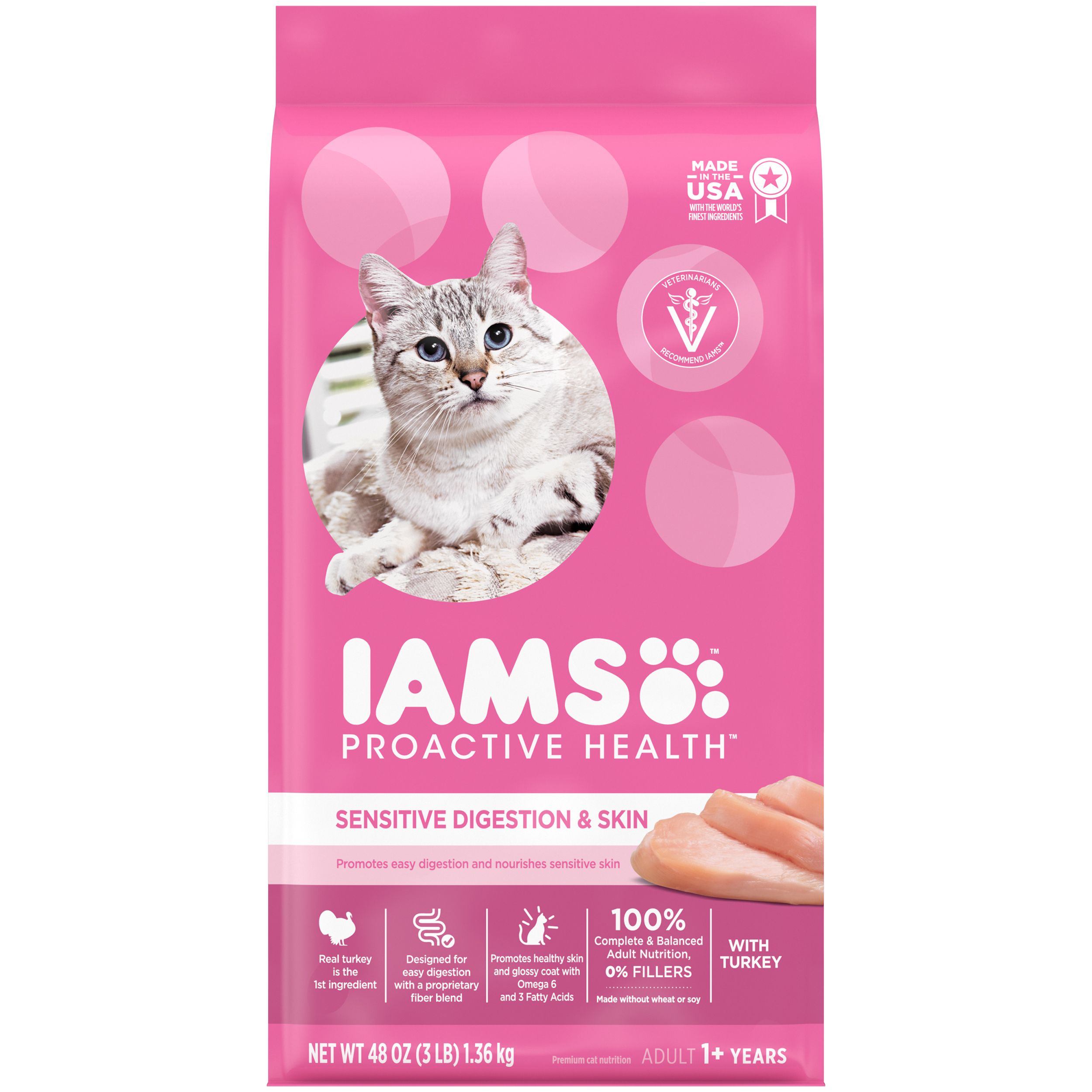 Iams Proactive Health Sensitive Digestion & Skin Adult Dry Cat Food Turkey 3lb