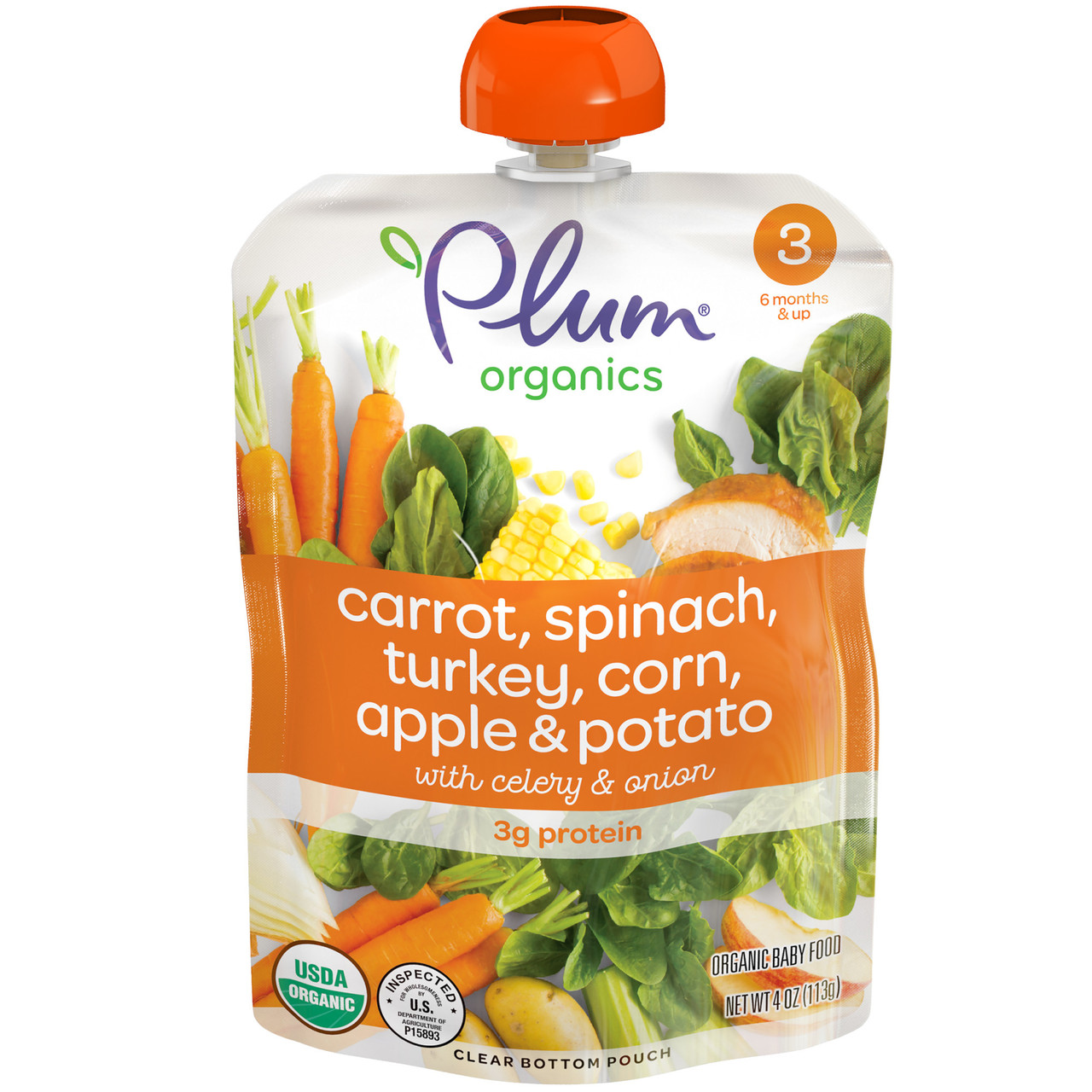 Plum Organics Stage 3 Organic Baby Food Carrot, Spinach, Turkey, Corn, Apple + Oat With Celery & Onion 4 Oz