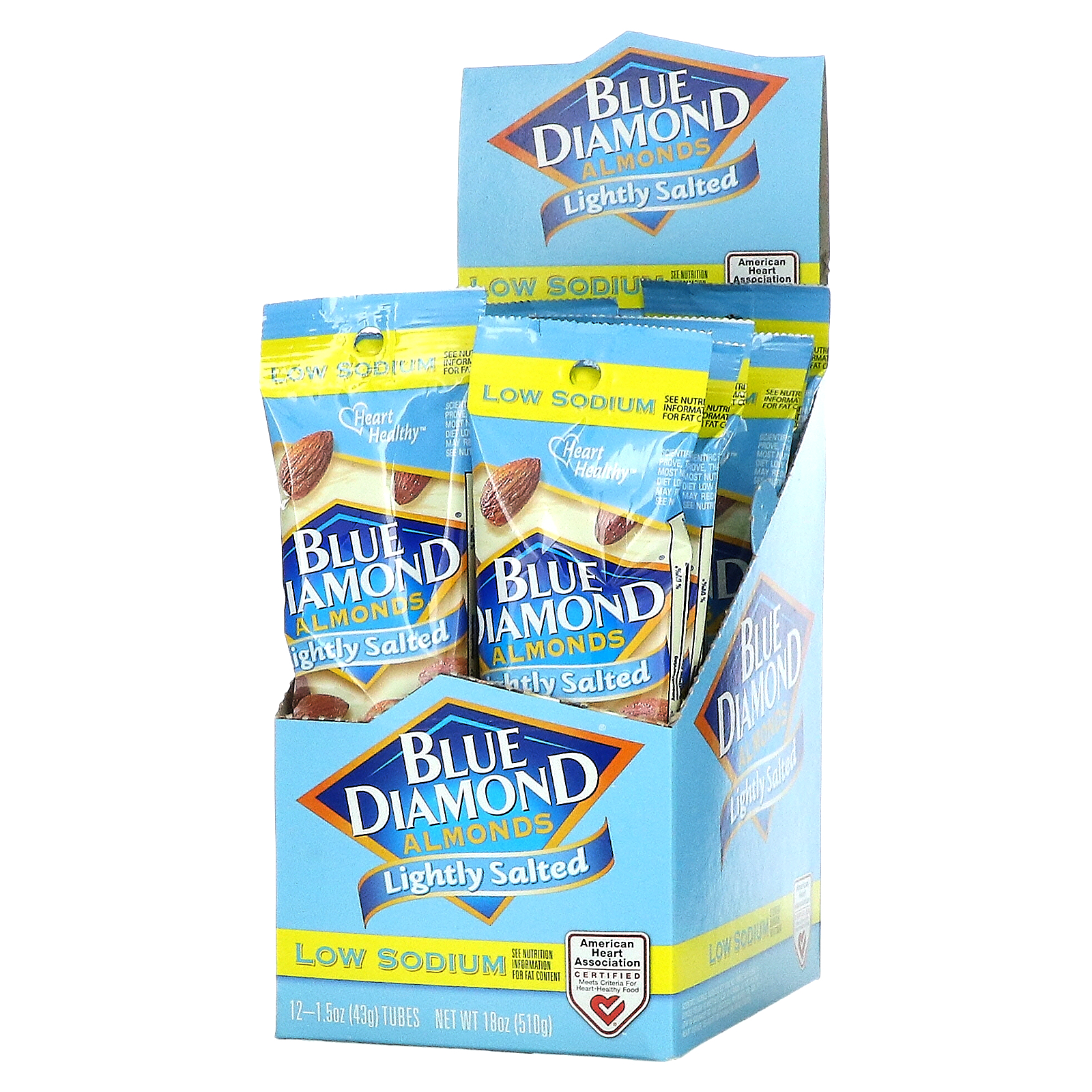 Blue Diamond Low Sodium Lightly Salted Almonds, 1.5 Oz Tube, 12 Tubes/Carton